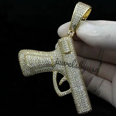 Pre-owned Nsg 2.20 Ct Round D/vvs Moissanite Men's Gun Shape Pendant 925 Silver Free Gift In White