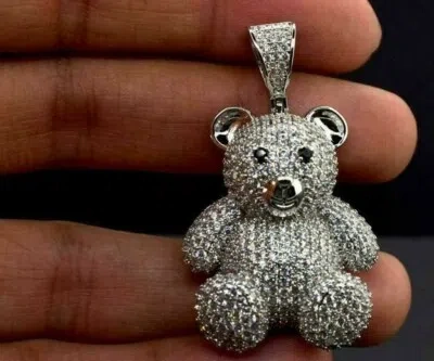 Pre-owned Nsg 2.5ct Cubic Zirconia Mens Teddy Bear Pendant With Rope Chain 925 Silver In White