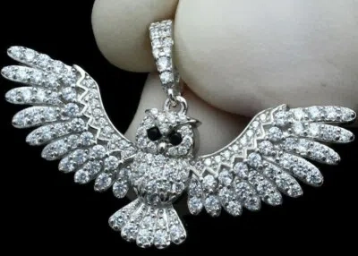 Pre-owned Nsg 2.95ct Men's Owl Shape D/vvs Moissanite Fancy Pendant 14k White Gold Over Silver