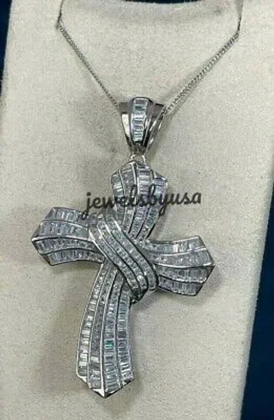 Pre-owned Nsg 2ct Baguette Simulated Diamond Mens Cross Pendant 14k White Gold Plated