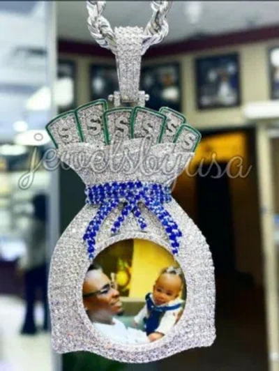 Pre-owned Nsg 3ct Cubic Zirconia Men's Custom Memory Picture Money Bag Pendant 925 Silver In White