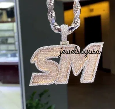 Pre-owned Nsg 4ct Tester Passing Moissanite Any 2 Custom Letter Mens Charm Pendant 925 Silver In White