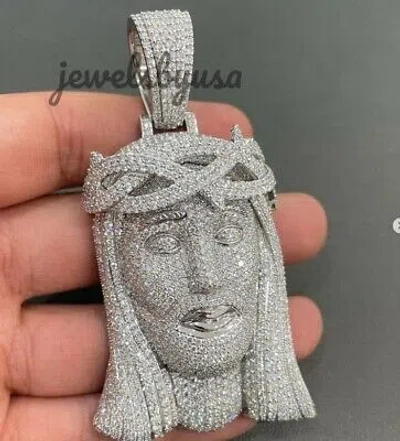 Pre-owned Nsg 9.60 Ct Genuine Moissanite 3d Jesus Face Religious Men's Pendant 925 Silver In White