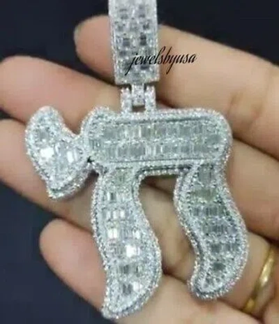 Pre-owned Nsg Baguette Real Moissanite Custom English Letter Pendant Free Rope Chain Silver In White