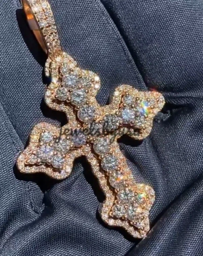 Pre-owned Nsg Christmas Men's Real Moissanite Fancy Cross Pendant 14k Rose Gold Plated Silver In White