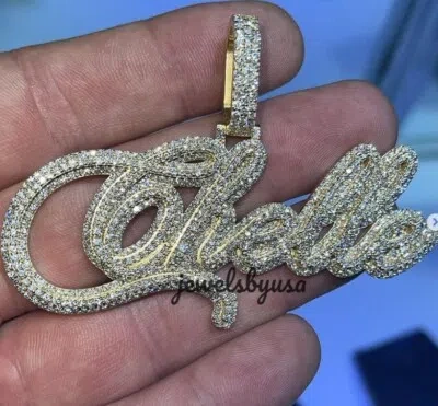 Pre-owned Nsg Cursive Font Any Name 3.30 Ct Genuine D/vvs Moissanite Men's Pendant 925 Silver In White