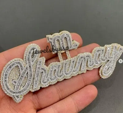 Pre-owned Nsg Cursive Font Men's 3ct Baguette Cubic Zirconia Custom Pendant 925 Silver In White