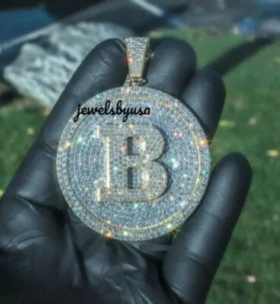 Pre-owned Nsg Customised 2.1 Ct Fully Genuine Moissanite Men's "b" Disk Pendant 925 Silver In White