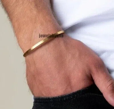 Pre-owned Nsg Fine Solid Metal Mens Cuff Adjustable Bracelet 14k Yellow Gold Plated 925 Silver