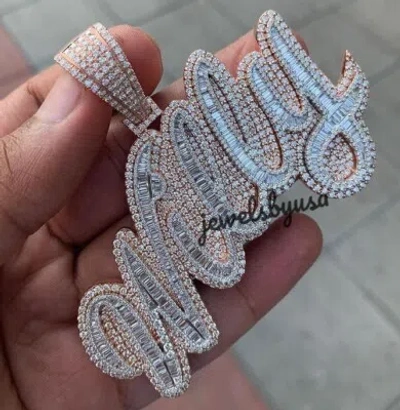 Pre-owned Nsg Font Style Men's 3 Ct Baguette Cubic Zirconia Custom Name Pendant Silver In White