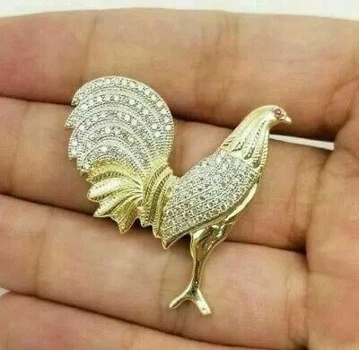 Pre-owned Nsg Genuine Moissanite Mens Rooster Chicken Pendant 14k Yellow Gold Plated Silver In White