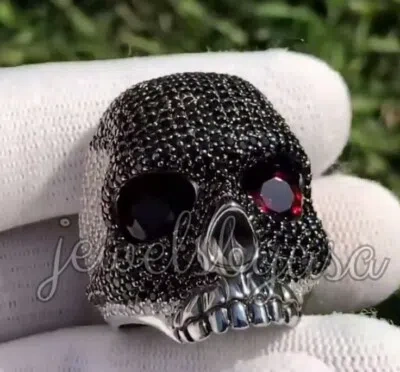 Pre-owned Nsg Halloween Gift 2.5 Ct Men's Ruby Simulated Studded 3d Skull Head Ring 925silver In White