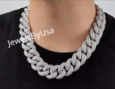 Pre-owned Nsg Icey Prong Bust Down Moissanite 25mm X 20" Cuban Necklace Free Stud 925 Silver In White