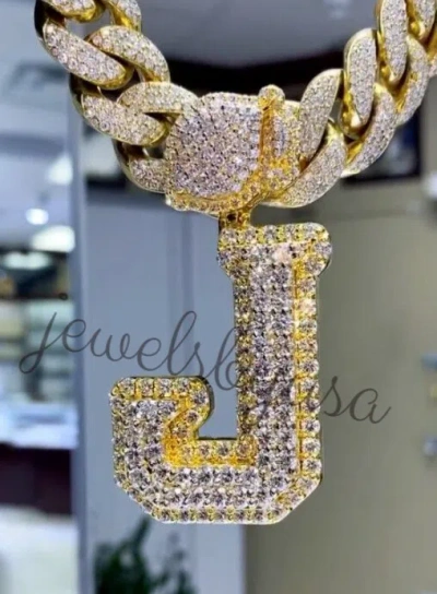 Pre-owned Nsg Men's 100% Real Moissanite Custom J Letter Pendant 14k Yellow Gold Plated Silver In White