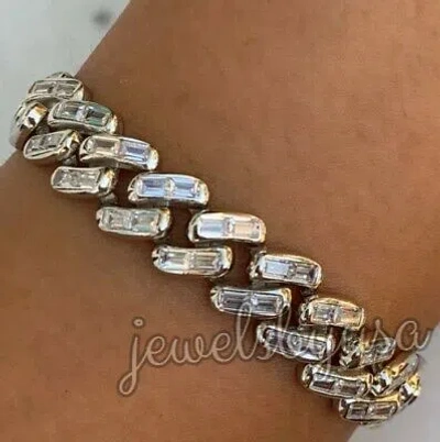 Pre-owned Nsg Men's 10mm Cuban Link 6ct Baguette Cubic Zirconia Bracelet 925 Silver 8"inch In White