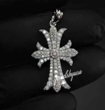 Pre-owned Nsg Men's 1.12ct D/vvs Genuine Moissanite Floral Cross Charm Only Pendant 925 Silver In White