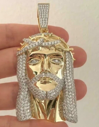 Pre-owned Nsg Men's 3.5ct Jesus Head Genuine Moissanite Pendant 14k Yellow Gold Plated Silver In White