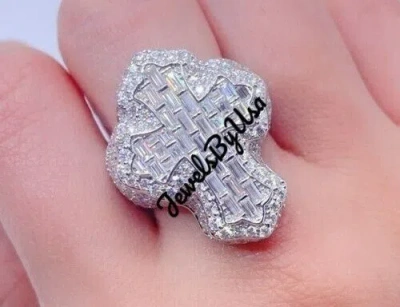 Pre-owned Nsg Men's 3ct Baguette Moissanite Bust Down Icey Cross Ring White Gold Plated Silver