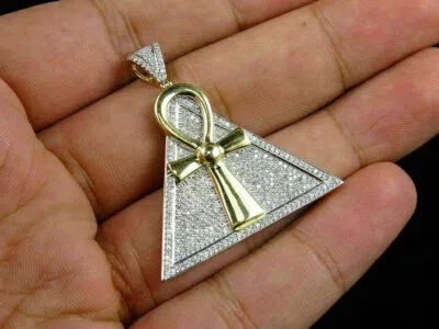 Pre-owned Nsg Men's 4.2 Ct Round D/vvs Moissanite Ankh Cross Pyramid Charm Pendant 925 Silver In White