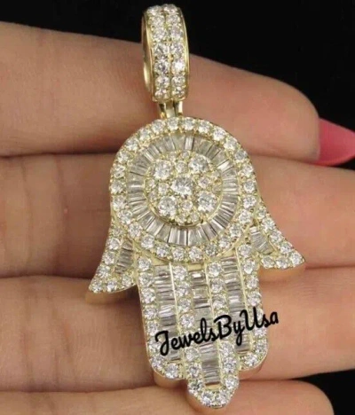 Pre-owned Nsg Men's Baguette Moissanite Hamsa Hand Charm Pendant 3ct Yellow Gold Plated Silver