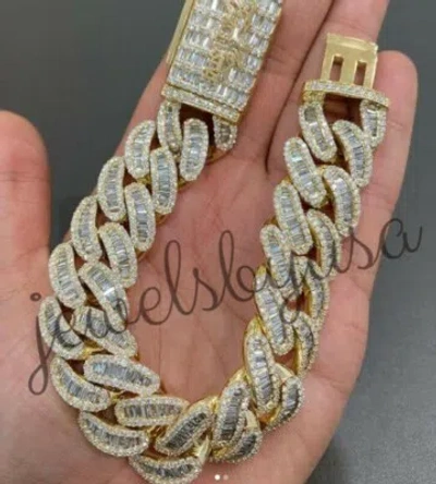 Pre-owned Nsg Men Cuban Link Baguette Cubic Zirconia Bracelet 14k Yellow Gold Platea Silver 8" In White