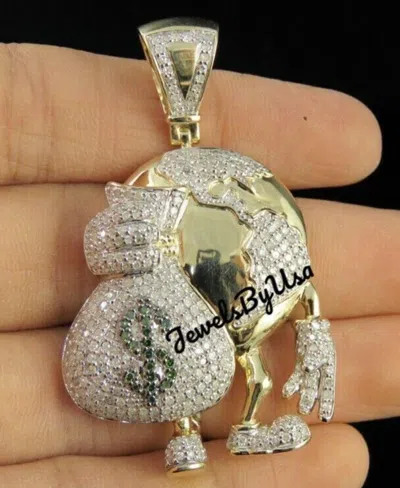 Pre-owned Nsg Men's Genuine Moissanite 3d Earth Money Globe Charm Pendant Gold Plated Silver In White