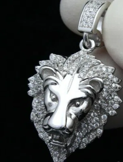 Pre-owned Nsg Men's Lion Face 3 Ct D/vvs Moissanite Charm Pendant 14k White Gold Plated Silver