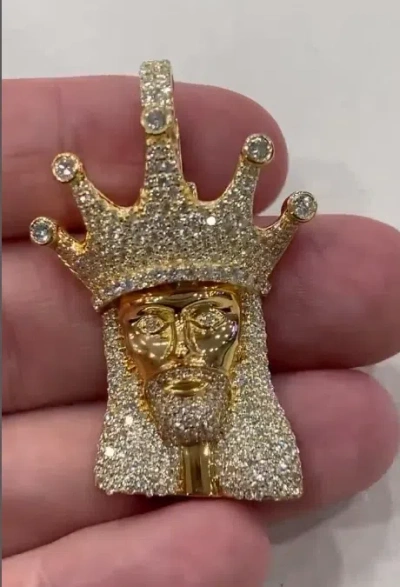 Pre-owned Nsg Men's Natural Diamonds Jesus Face Pendant 925 Silver Yellow Gold Rhodium Finish