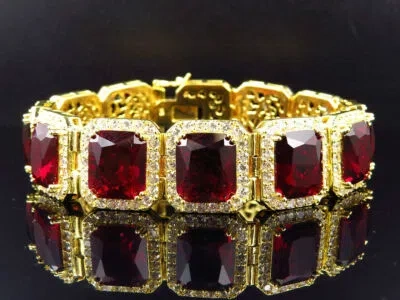 Pre-owned Nsg Men's Red Ruby Simulated Broad Bracelet 14k Yellow Gold Plated Silver