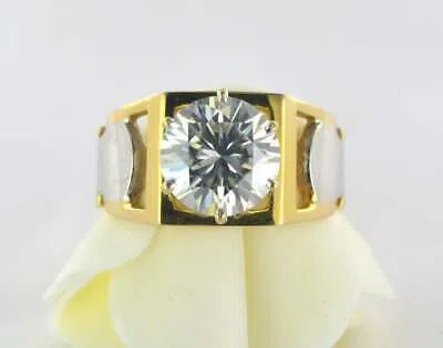 Pre-owned Nsg Men's Round Moissanite Statement Ring Non Fade Vermil Yellow Gold Plated Silver In White
