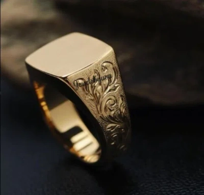 Pre-owned Nsg Men's Square Statement Classy Ring Solid Metal 14k Gold Plated 925 Silver