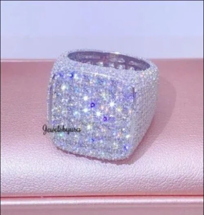 Pre-owned Nsg Men's Square Statement Fully Filled Ring 3ct D/vvs Genuine Moissanite 925 Silver In White