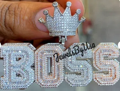 Pre-owned Nsg Men's Two Tone Plated Silver Custom 3d Boss With Crown Pendant 3.7ct Moissanite In White