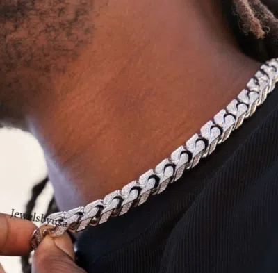 Pre-owned Nsg Mens 12 Mm X 20" Stylish Cuban Link Necklace Vvs Moissanite Free Stud 925 Silver In White