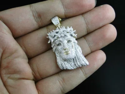 Pre-owned Nsg Mens Jesus Face 2ct Real Moissanite Charm Pendant 14k Gold Plated Real Silver In White/colorless