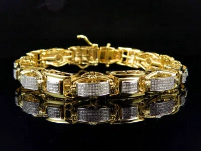 Pre-owned Nsg Mens Link Bracelet 9ct Cubic Zirconia 14k Yellow Gold Plated Silver Free Stud In White