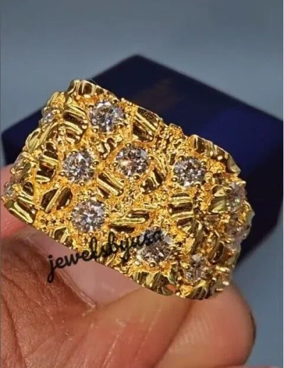 Pre-owned Nsg Nugget Style Ring For Men's Genuine Moissanite 14k Yellow Gold Plated Silver In White