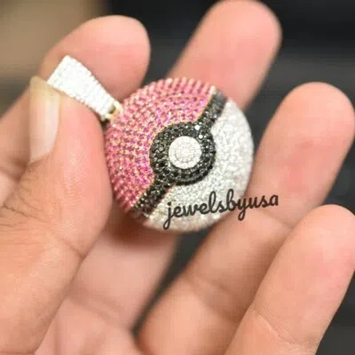 Pre-owned Nsg Pokemon Ball 2.25ct Color Cubic Zirconia Fancy Pendant 925 Silver Free Gift In White