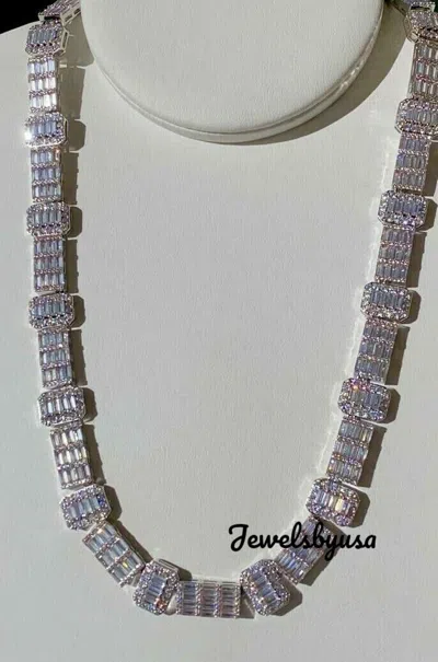 Pre-owned Nsg Real 925 Silver Men's Flooded Baguette Simulated Diamond 20" Necklace In White