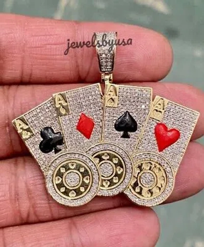Pre-owned Nsg Real Iced D/vvs Moissanite Men's Flush Poker Card Charm Enamel Pendant 925silver In White