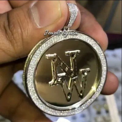 Pre-owned Nsg Real Solid Customize Any 2 Letter D/vvs Moissanite Disk Medallion Pendant Silver In White