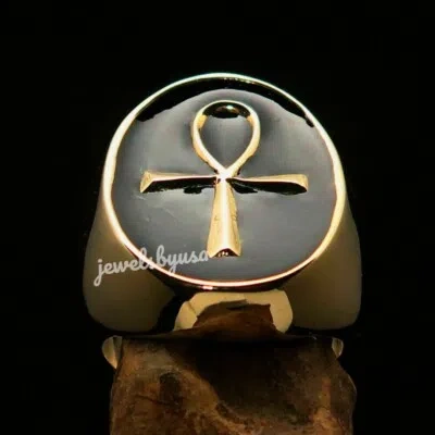 Pre-owned Nsg Solid Metal Men's Black Enamel Egyptian Ankh Ring 14k Yellow Gold Plated Silver In White