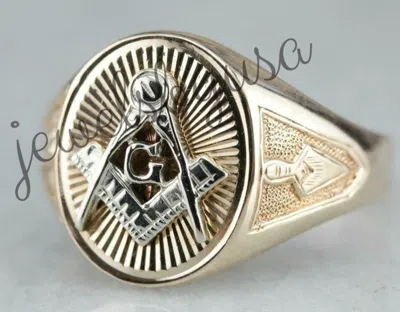 Pre-owned Nsg Solid Metal Mens Daily Wear Masonic Statement Ring 14k Yellow Gold Plated Silver