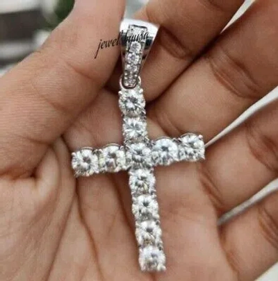 Pre-owned Nsg Tester Passing Moissanite Mens Vintage Cross Charm Pendant Free Chain 925 Silver In White