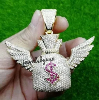 Pre-owned Nsg Unique Men's 3.4ct Simulated Diamond Studded Money Bag Wing Pendant 925 Silver In White
