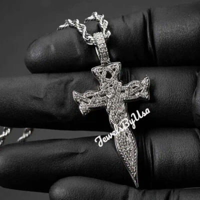 Pre-owned Nsg White Gold Plated Silver Men's 3ct Icey Cross Pendant With Rope Chain Moissanite