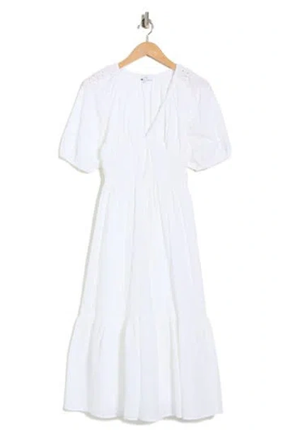 Nsr Eyelet Shirred Midi Dress In White