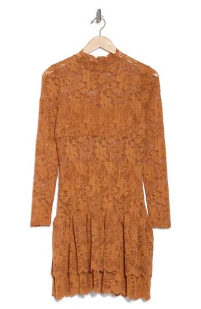 Nsr Lace Knit Long Sleeve Minidress In Rust