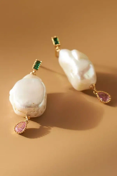 Nst Studio Nst Green & Pink Crystal Baroque Pearl Drop Earrings In White