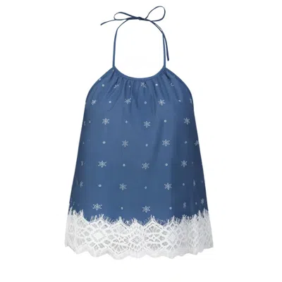 Nuaje Nuaje Women's Blue Soleil Lace Trim Halter Cotton Top